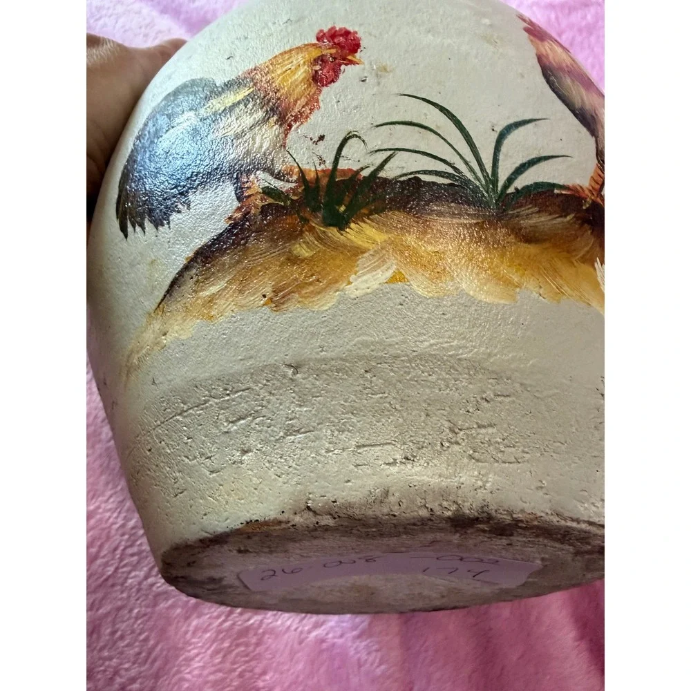 Vintage Hand Painted Rooster Terracotta Vase Double Handle Farmhouse Pottery 9